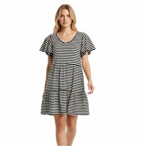 Suzanne Betro Breton Stripe Babydoll Cotton Blend Flutter Sleeve Dress Size M